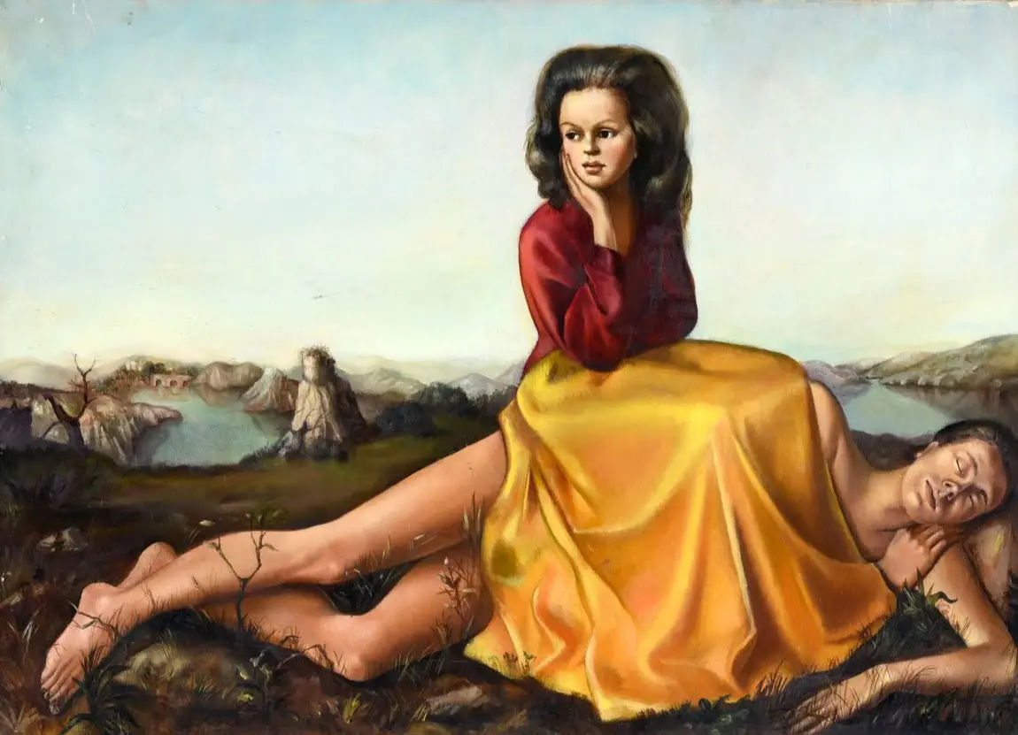 Leonor Fini Femme assise sur un homme nu 1942 olio su tela ️ Leonor Fini by SIAE 2024