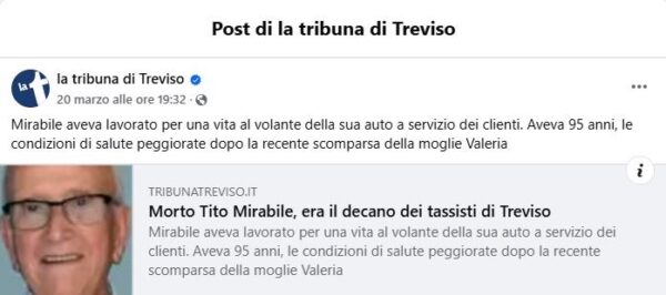 Tito Mirabile, il decano dei tassisti trevigiani